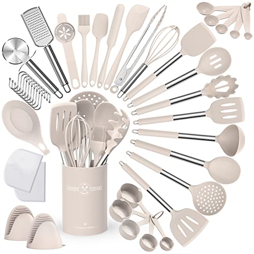 Umite Chef Silicone Kitchen Cooking Utensil Set, 43 pcs Spatula Set with Stainless Steel Handle, Non-stick Heat Resistant - Best Cookware Set-(Khaki)