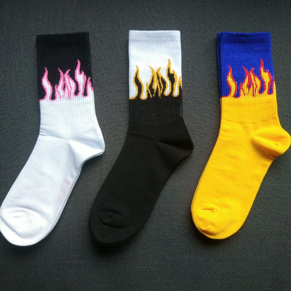 Unisex Flame Black White Yellow Fire Novelty Hip Hop Harajuku Socks Skateboard Socks