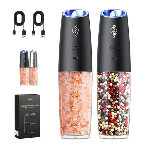 UPGRADED RECHARGEABLE 9OZ Sangcon Gravity Electric Salt and Pepper Grinder Set Shakers - XL Capacity - USB-C No Battery Needed - LED Light One Hand Operation, Adjustable Coarseness Automatic Mill Set