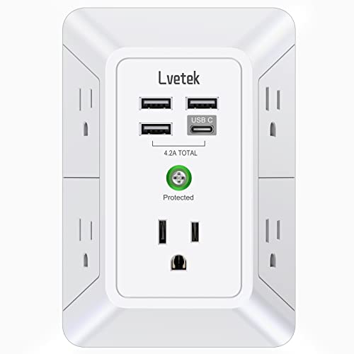 USB Wall Charger，LVETEK Surge Protector 5 Outlet Extender with 4 USB Ports (1 USB C Outlet) 3 Sided 1680J Power Strip Multi Plug Outlets Wall Adapter Spaced for Home Travel Office ETL Listed