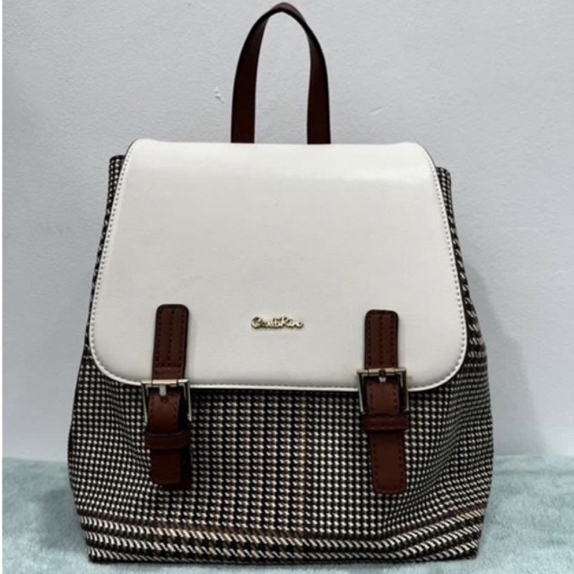 USED Carlo Rino Oxford Houndstooth Print Backpack - Beige