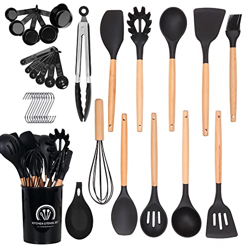 Utensil sets-Kitchen 33 Pcs Non-Stick Silicone Cooking Utensils Set with Holder, Sturdy Wooden Handle, Heat Resistance Silicone Spatula Spoon Kitchen Gadge