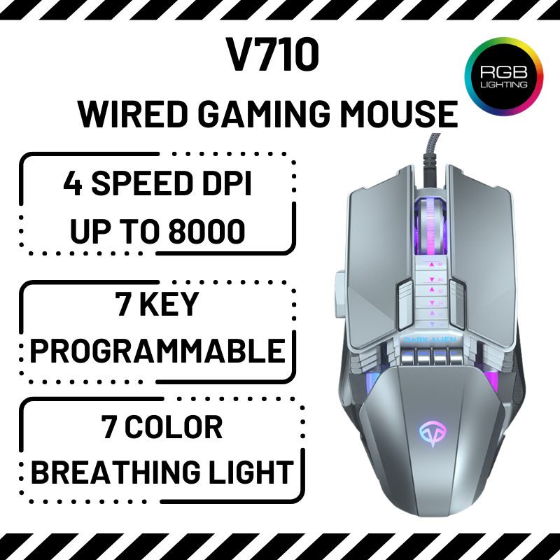 V710 Dark Alien RGB Wired Gaming Mouse Metal 8000 DPI Adjustable 7 Button LED Backlight Ergonomic Mouse Gaming Mice 滑鼠