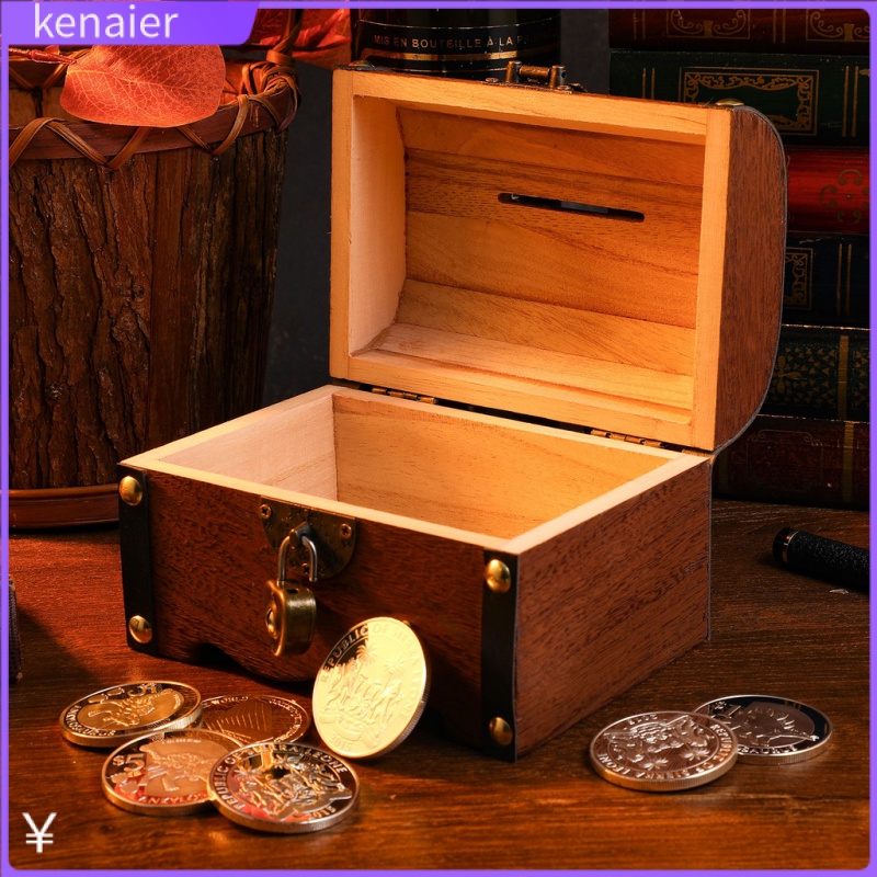 Vintage Treasure Storage Box Piggy Bank Organizer Wooden Treasure Chest Box Decorative Wood Storage Trunk with Lock