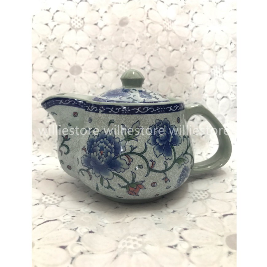 Vintage 450ml Green Peony Porcelain Chinese Tea Pot with Strainer 茶壶/Retro Blue Peony Teko Ceramic Tea Pot with Filter