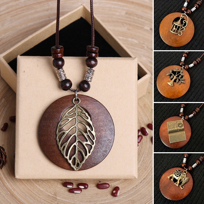 Vintage Ethnic Style Wooden Alloy Leaves Long Pendant Necklace Sweater Chain Fashion Jewelry Accessories Gifts for Women