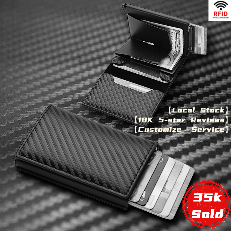 Wallet For Men PU Leather Card Holder Wallet Rfid Mini Slim Wallet Dompet Kulit Lembu Lelaki Aluminum Auto POP Up Birthday Gift For Men