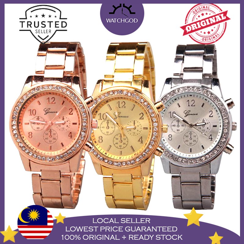 [WATCHGOD PROMO] Original Geneva Luxury Stainless Steel Diamond Chronograph Women Watch Jam Tangan Wanita Perempuan