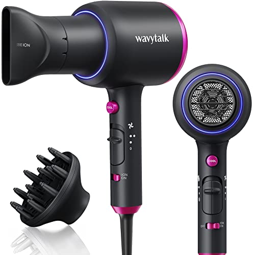 Wavytalk Professional Hair Dryer with Diffuser, 1875W Blow Dryer Ionic Hair Dryer for Women with Constant Temperature, Hair Dryer with Ceramic Technology Fasting Drying Light and Quiet, Black