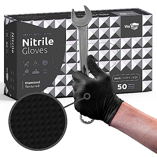 WECARE Black 8 Mil Nitrile Gloves Large 50 Pack - Heavy Duty Mechanic Gloves, with Diamond Grip - Powder and Latex Free Disposable Gloves