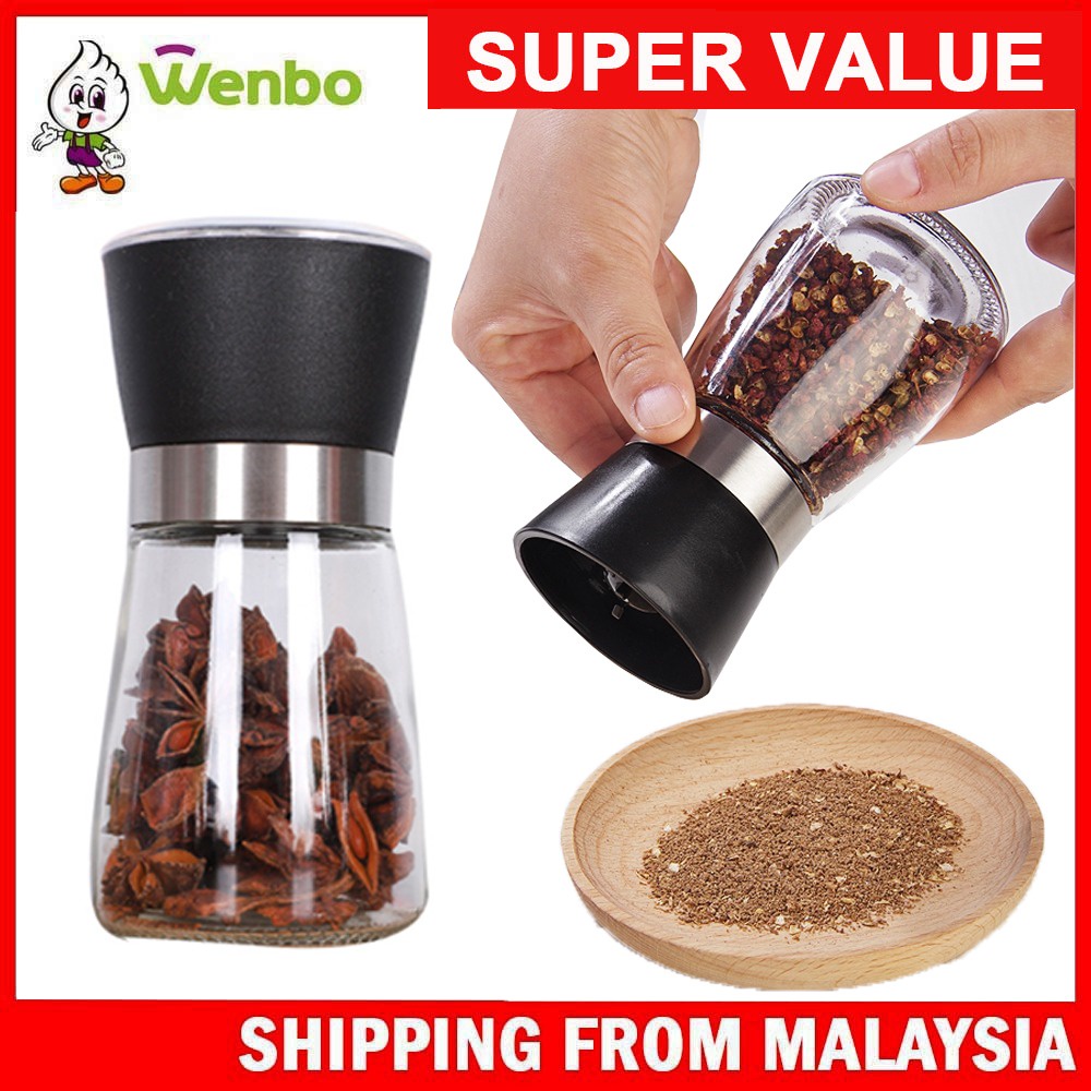 Wenbo Grinder Black Pepper Mill Manual Glass Stainless Steel Adjustable Sealed Pot Salt Mill Salt Rice Spice Container