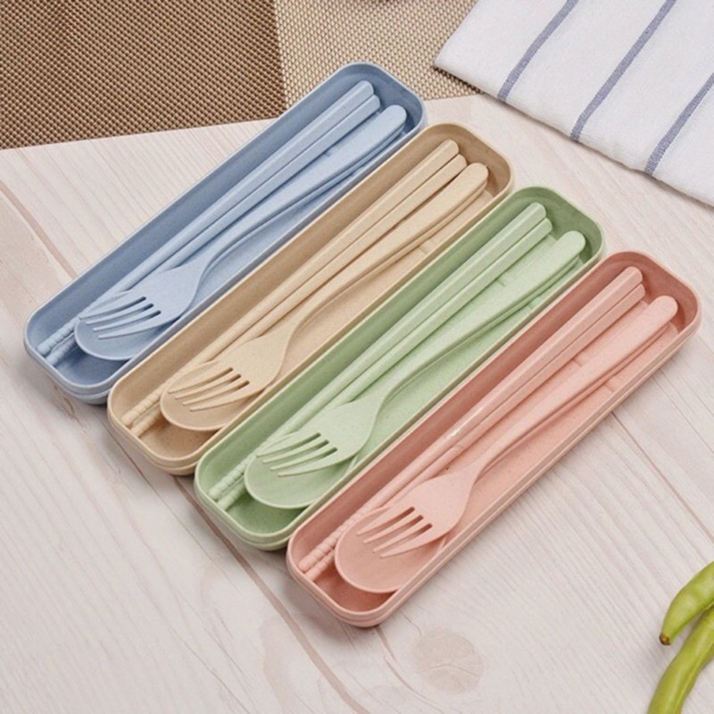 Wheat Cutlery 3 PCS Set Eco-friendly Reusable Dinner Tableware Kit Box Chopsticks Spoon Fork Portable Utensils Outdoor