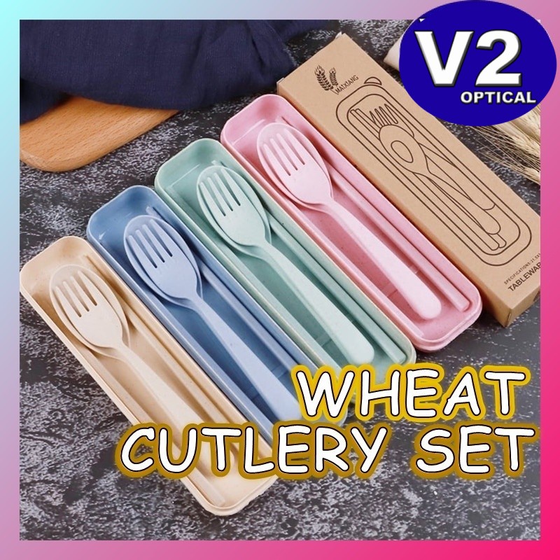 Wheat Cutlery 3 PCS Set Eco-friendly Reusable Dinner Tableware Kit Box Chopsticks Spoon Fork Portable Utensils Outdoor