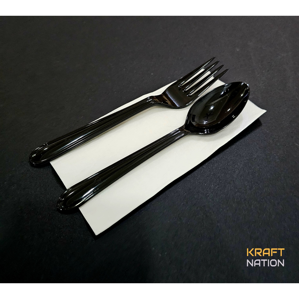 [Wholesales] 17cm Disposable Premium Luxury Plastic Cutlery Set (Spoon, fork ,tissue) Kitchen Takeaway Utensils