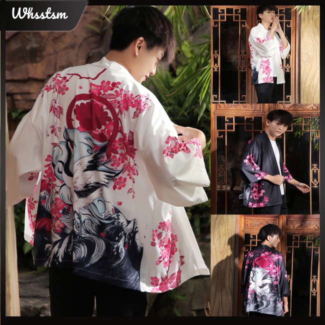 Whsstsm Men Women Cardigan Janpanes Kimono Style Red-crowned Crane Printing Sunshade Retro Style Robes