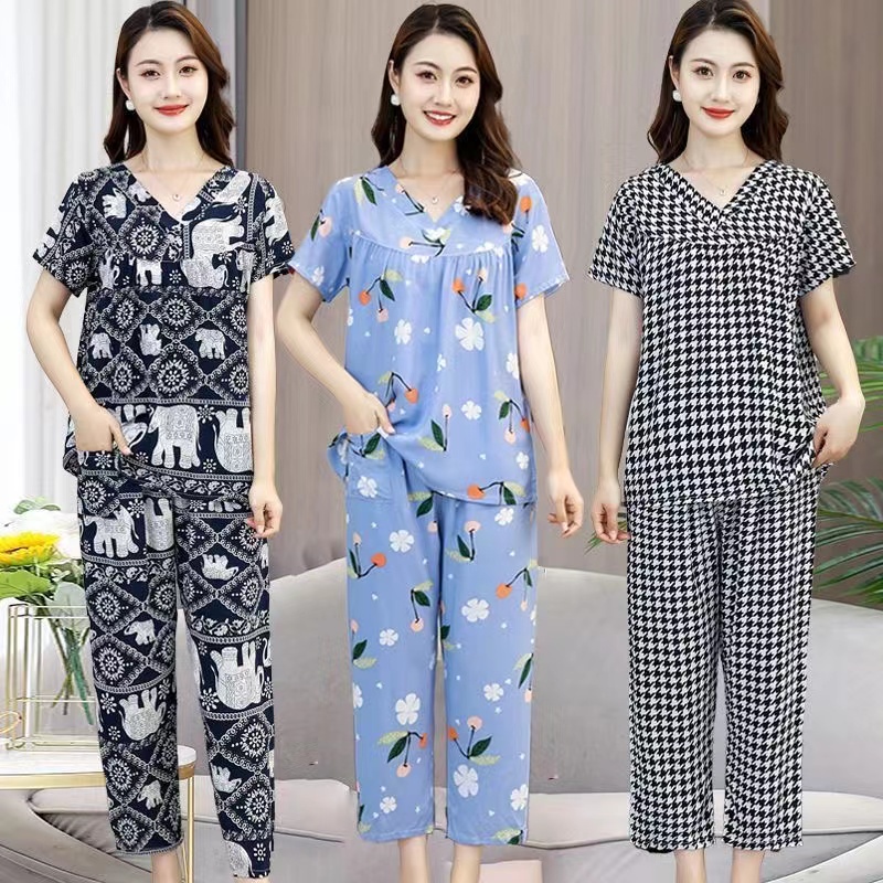 Women's Cotton Kimono and Robe Set Short Sleeve Long Pants Pajamas Summer Thin Elderly Mom Synthetic Cotton Home Clothing Two Piece