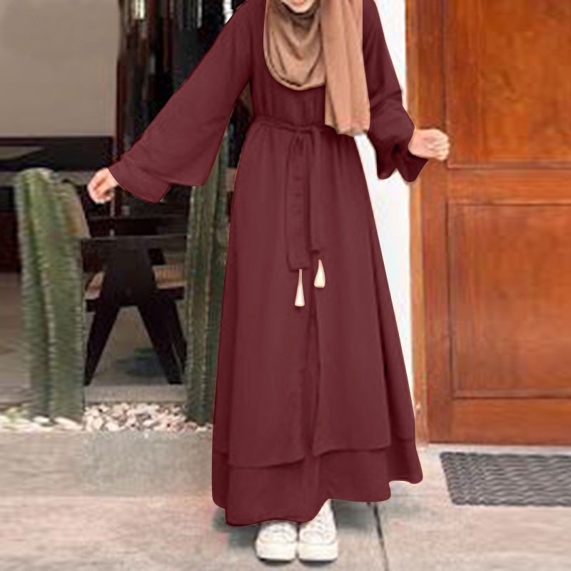 Women Vintage Solid Double Layer Muslim Casual Long Sleeve Maxi Sundress White Long Dress