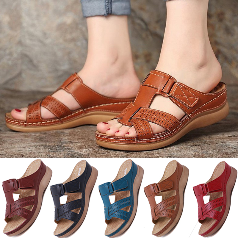 Women Wedge Sandals Retro Light Carved Hollow Open Toe Sandal Ladies Buckle Strap Vintage Anti-slip Slippers