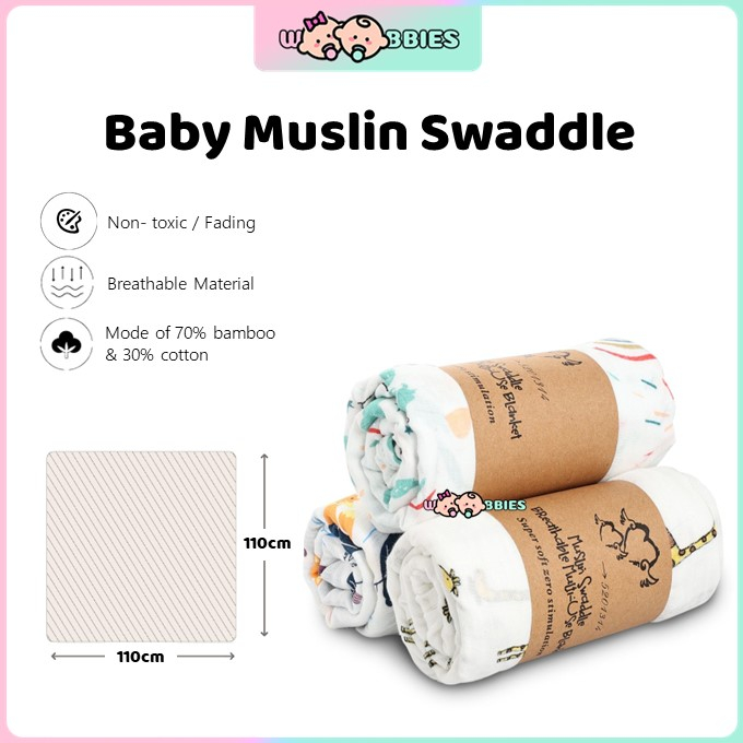 Woobbies 110x110cm Newborn Baby Muslin Swaddle Soft Blanket Kain Bedung Kain Selimut Napkin Lampin