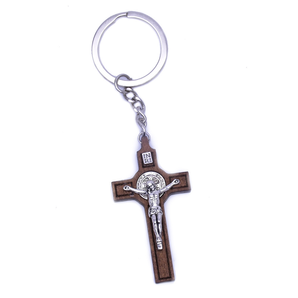 Wooden Saint Benedict Keychain Pendant Key Shape Ring Jewelry Religious Worship Holy Land Gift