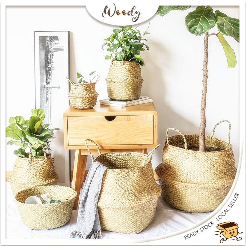 【Woody】 Seagrass Wickerwork Basket Rattan Hanging Flower Pot Dirty Laundry Hamper Storage Basket