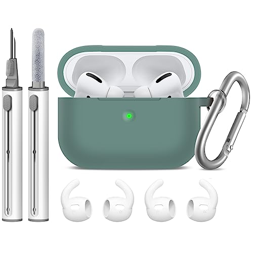 Woyinger Compatible with Airpods Pro Case,Soft Silicone Skin Case Cover with Cleaner kit and Earhook,Shock-Absorbing Protective Case with Keychain,Front LED Visible-Pine Green