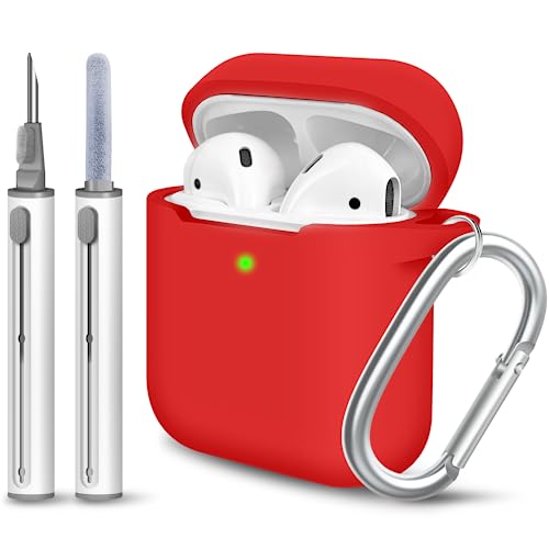 Woyinger for AirPods Case Cover, Come with Clean Pen，Soft Silicone Protective Cover with Buckle for Women Men Compatible with Apple AirPods 2nd 1st Generation Charging Case, Front LED Visible,Red