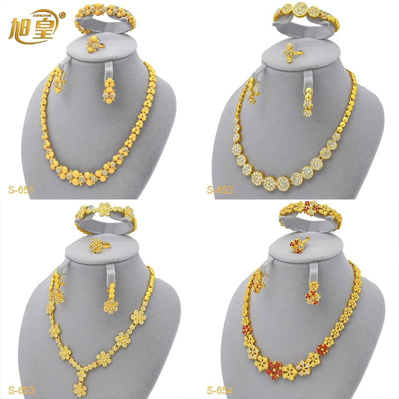 XUHUANG African 24k Golden Necklace Sets For Women Indian Middle Eastern Nigerian Wedding Luxury Dubai Crystal Jewellery Gifts