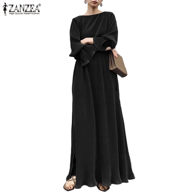 ZANZEA Women Korean Style Flared Sleeve Split Hem Evening Party Prom Loose Maxi Dress