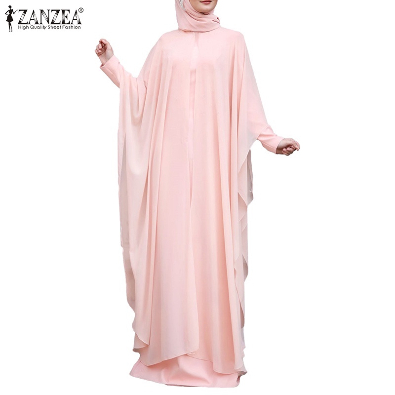 ZANZEA Women Solid Two-Piece Bat Sleeve Vintage MuslimMaxi Dress