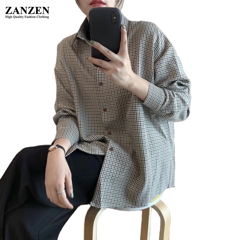 ZANZEN Korean Women Blouse Long Sleeve Retro Hong Kong Flavor Plaid Shirt Female Design Sense Niche Simple Shirt