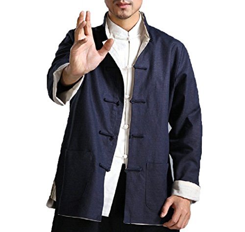 ZooBoo Kung Fu Jacket Both Sides Wear Tops Martial Arts Long Jersey (L, Dark Blue with Beige)