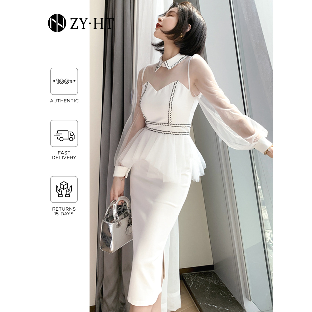 ZY·HT Eravogue Evening Dress Sexy Dress Mesh Dress Tight Dress Side Slit Dress White Dress See Through Dress Party Dress Vintage Dress Fake Two Piece Dress Fashion Dress 3598