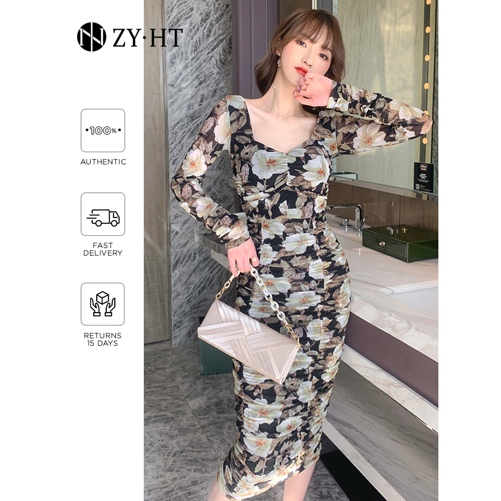 ZY·HT Eravogue Floral Dress Square Neck Dress Tight Dress Mesh Dress Long Dress Korean Dress Plump Dress Fashion Dress Evening Dress Women Dress 4682