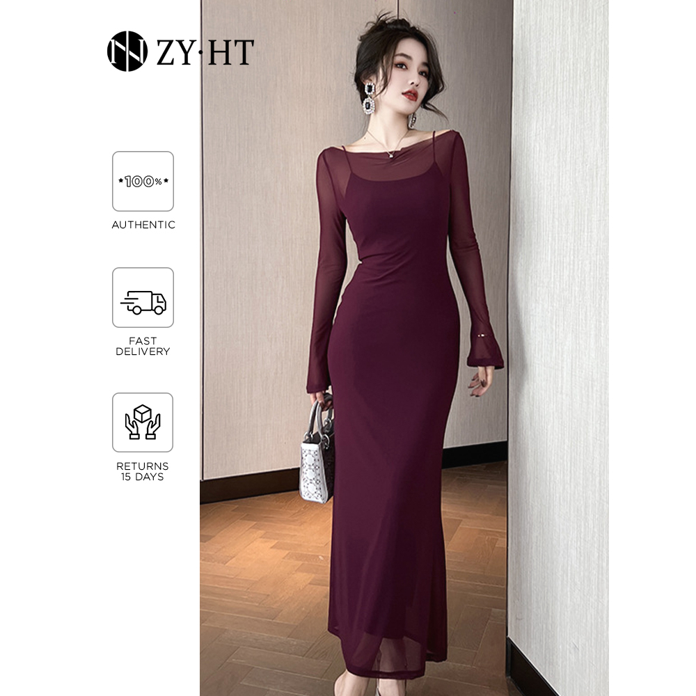 ZY·HT EraVogue Women Vintage Fashion Sexy Two Piece Dress Mesh Long Sleeve Perspective Slim Long Party Dinner Dresses 9562